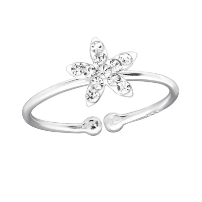 Silver Flower Adjustable Toe Ring with Crystal