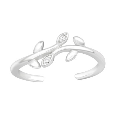 Silver Leaves Adjustable Toe Ring with Cubic Zirconia