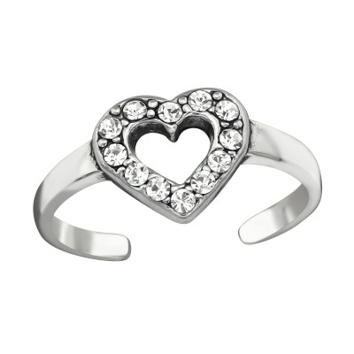 Silver Heart Adjustable Toe Ring with Crystal