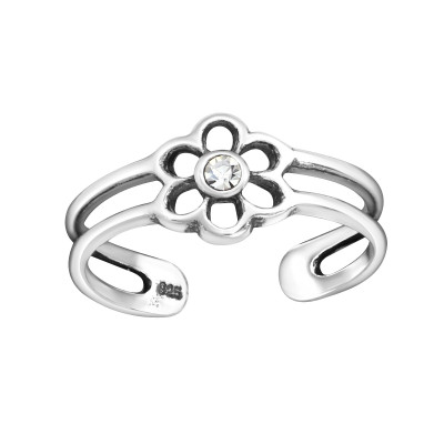 Silver Flower Adjustable Toe Ring with Crystal