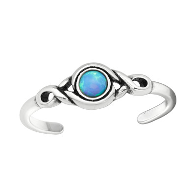 Silver Patterned Adjustable Toe Ring with Synthetic Opal