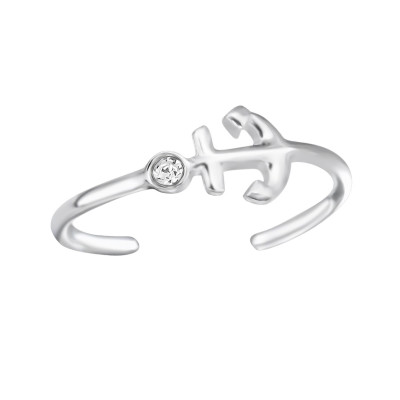 Silver Anchor Adjustable Toe Ring with Crystal