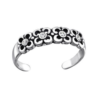 Silver Flowers Adjustable Toe Ring with Crystal