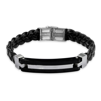 Black and Surgical Steel Leather Bracelet for Men