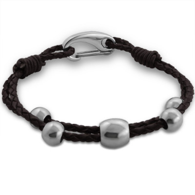 High Polish Surgical Steel Beaded Leather Bracelet for Men