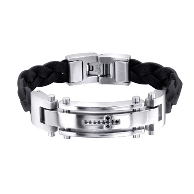 High Polish Surgical Steel and Leather Tag Bracelet for Men