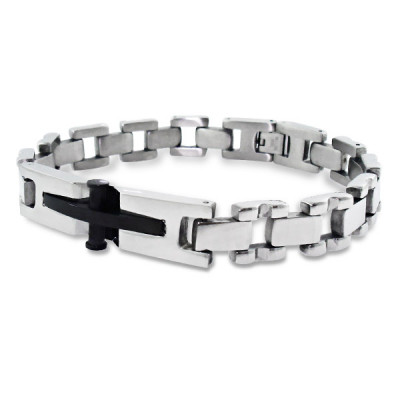 Black and High Polish Surgical Steel Cross Bracelet for Men