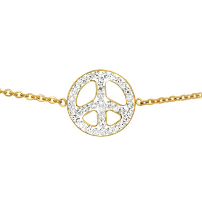 Gold Surgical Steel Peace Sign Bracelet for Women with Crystal