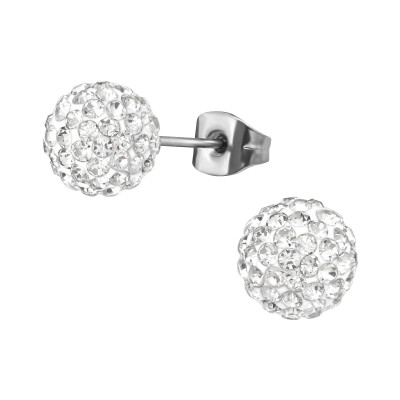 High Polish Surgical Steel Ball 8mm Ear Studs with Crystal