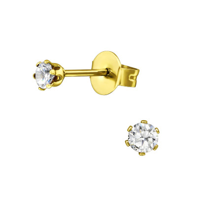 Gold Surgical Steel Round 3mm Ear Studs with Cubic Zirconia