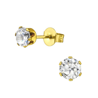 Gold Surgical Steel Round 5mm Ear Studs with Cubic Zirconia