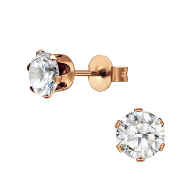 Rose Gold Surgical Steel Round 6mm Ear Studs with Cubic Zirconia