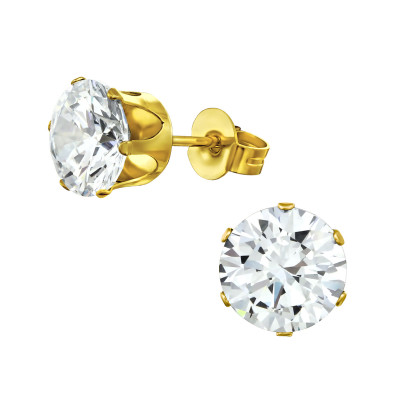 Gold Surgical Steel Round 8mm Ear Studs with Cubic Zirconia