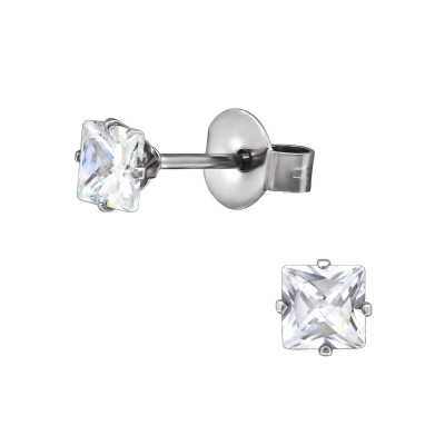 High Polish Surgical Steel Square 4mm Ear Studs with Cubic Zirconia