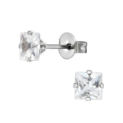 High Polish Surgical Steel Square 5mm Ear Studs with Cubic Zirconia