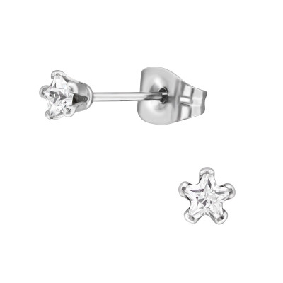 High Polish Surgical Steel Star 3mm Ear Studs with Cubic Zirconia