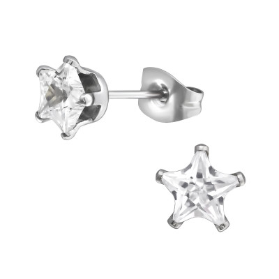 High Polsh Surgical Steel Star 6mm Ear Studs with Cubic Zirconia