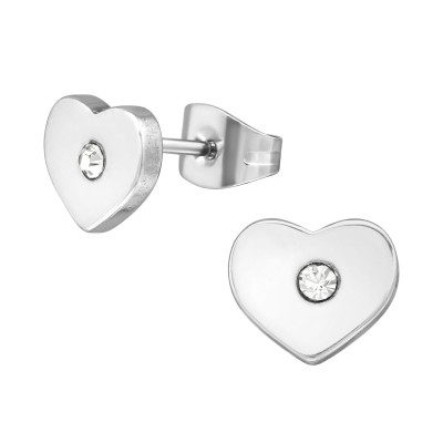 High Polish Surgical Steel Heart Ear Studs with Crystal