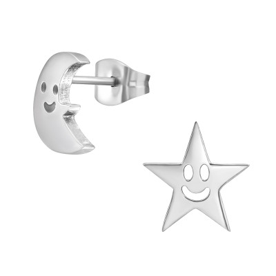 High Polish Surgical Steel Crescent Moon and Star Ear Studs