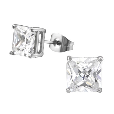 High Polish Surgical Steel Square 7mm Ear Studs with Cubic Zirconia