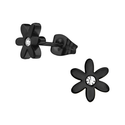 Black Surgical Steel Flower Ear Studs with Crystal