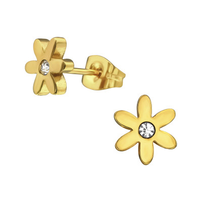 Gold Surgical Steel Flower Ear Studs with Crystal