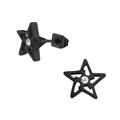 Black Surgical Steel Star Ear Studs with Crystal
