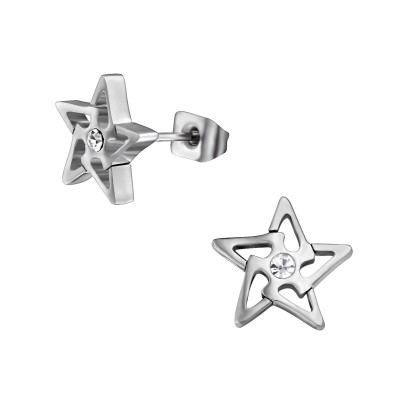 High Polish Surgical Steel Star Ear Studs with Crystal