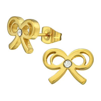 Gold Surgical Steel Bow Ear Studs with Crystal