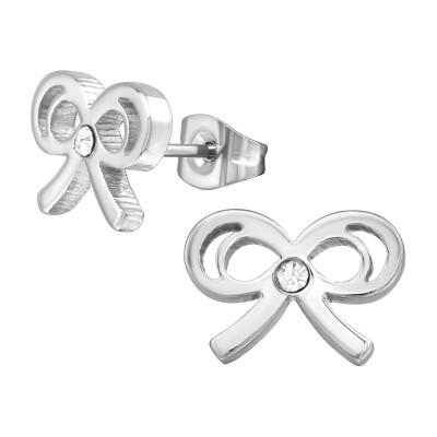 High Polish Surgical Steel Bow Ear Studs with Crystal