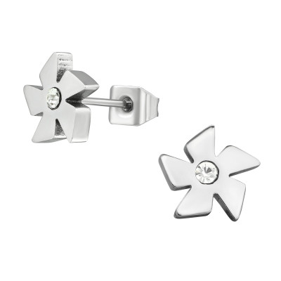 High Polish Surgical Steel Throwing Star Ear Studs with Crystal