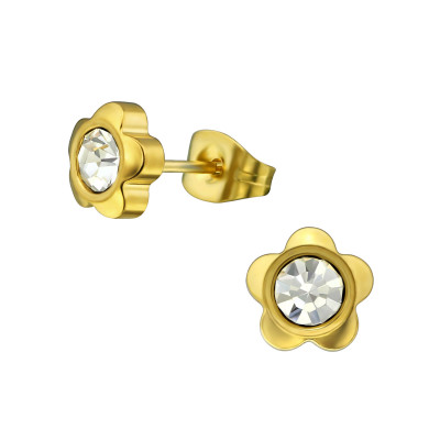 Gold Surgical Steel Flower Ear Studs with Crystal