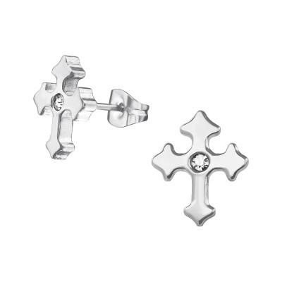 High Polish Surgical Steel Gothic Cross Ear Studs with Crystal