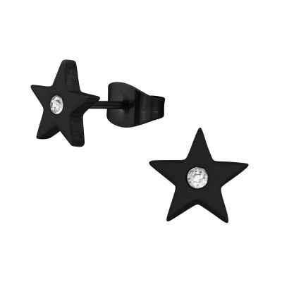 Black Surgical Steel Star Ear Studs with Crystal