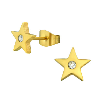 Gold Surgical Steel Star Ear Studs with Crystal