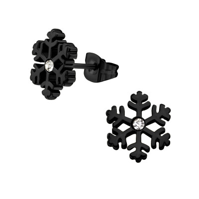 Black Surgical Steel Snowflake Ear Studs with Crystal