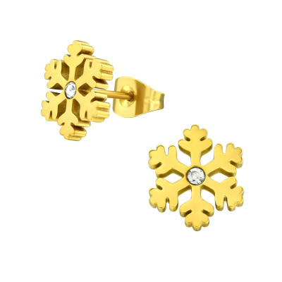 Gold Surgical Steel Snowflake Ear Studs with Crystal