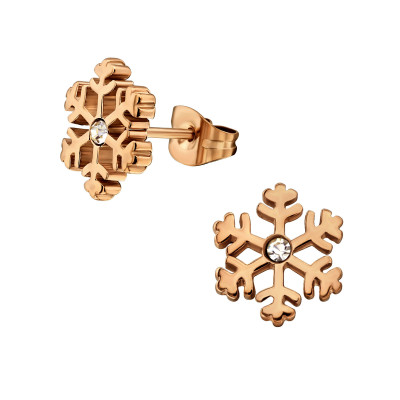 Rose Gold Surgical Steel Snowflake Ear Studs with Crystal