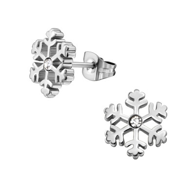 High Polish Surgical Steel Snowflake Ear Studs with Crystal