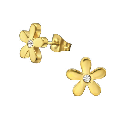 Gold Surgical Steel Flower Ear Studs with Crystal