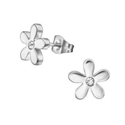 High Polish Surgical Steel Flower Ear Studs with Crystal