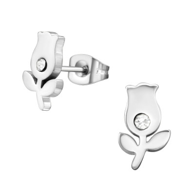 High Polish Surgical Steel Tulip Ear Studs with Crystal