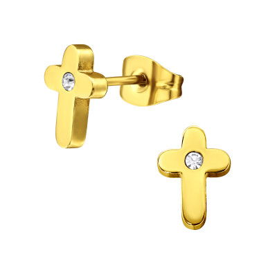 Gold Surgical Steel Cross Ear Studs with Crystal