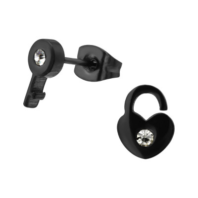 Key and Lock Stainless Steel Ear Studs with Crystal