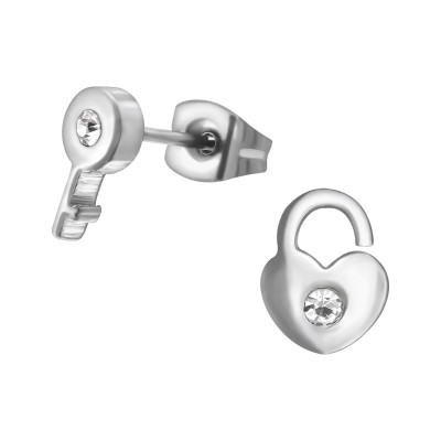 High Polish Surgical Steel Key and Padlock Ear Studs with Crystal