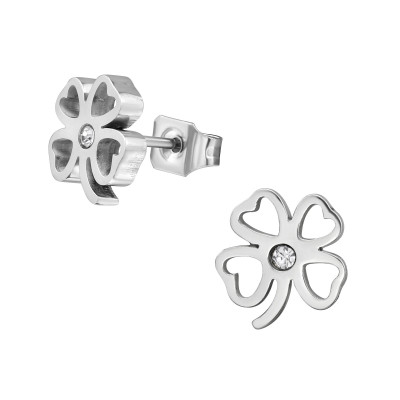 High Polish Surgiacl Steel Lucky Clover Ear Studs with Crystal