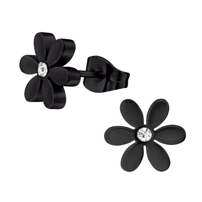 Black Surgical Steel Flower Ear Studs with Crystal