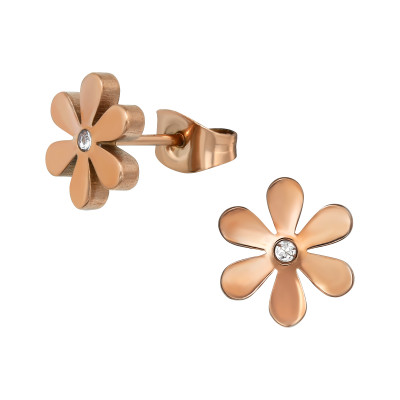 Rose Gold Surgical Steel Flower Ear Studs with Crystal