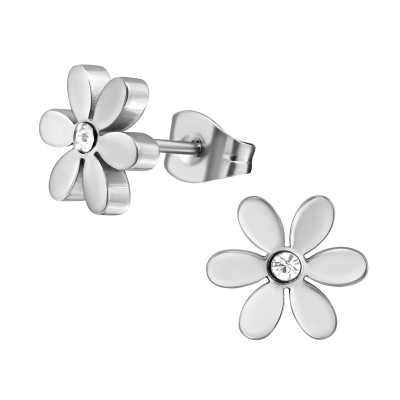 High Polish Surgical Steel Flower Ear Studs with Crystal