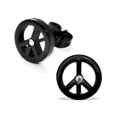 Black Surgical Steel Peace Sign Ear Studs with Crystal